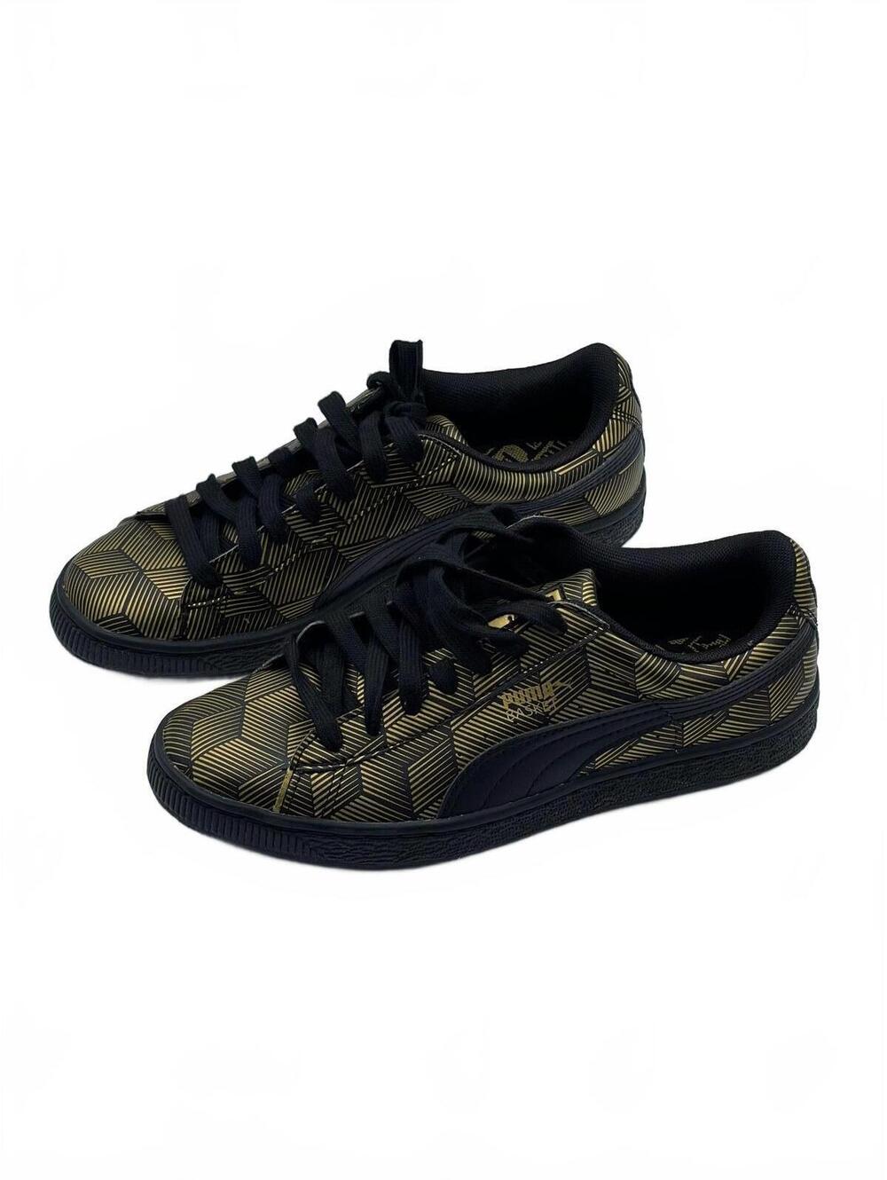 Puma Clyde Basketball Sneakers in Black and Gold Geometric Pattern